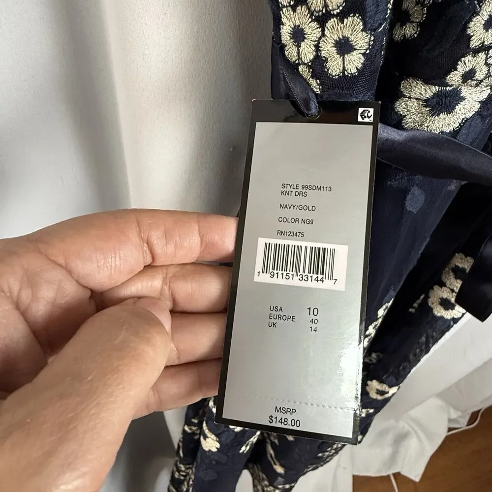 Tahari ASL Embroidered Midi Fit & Flare Dress Navy & Tan Lace Overlay Sz 10 New - Picture 6 of 9